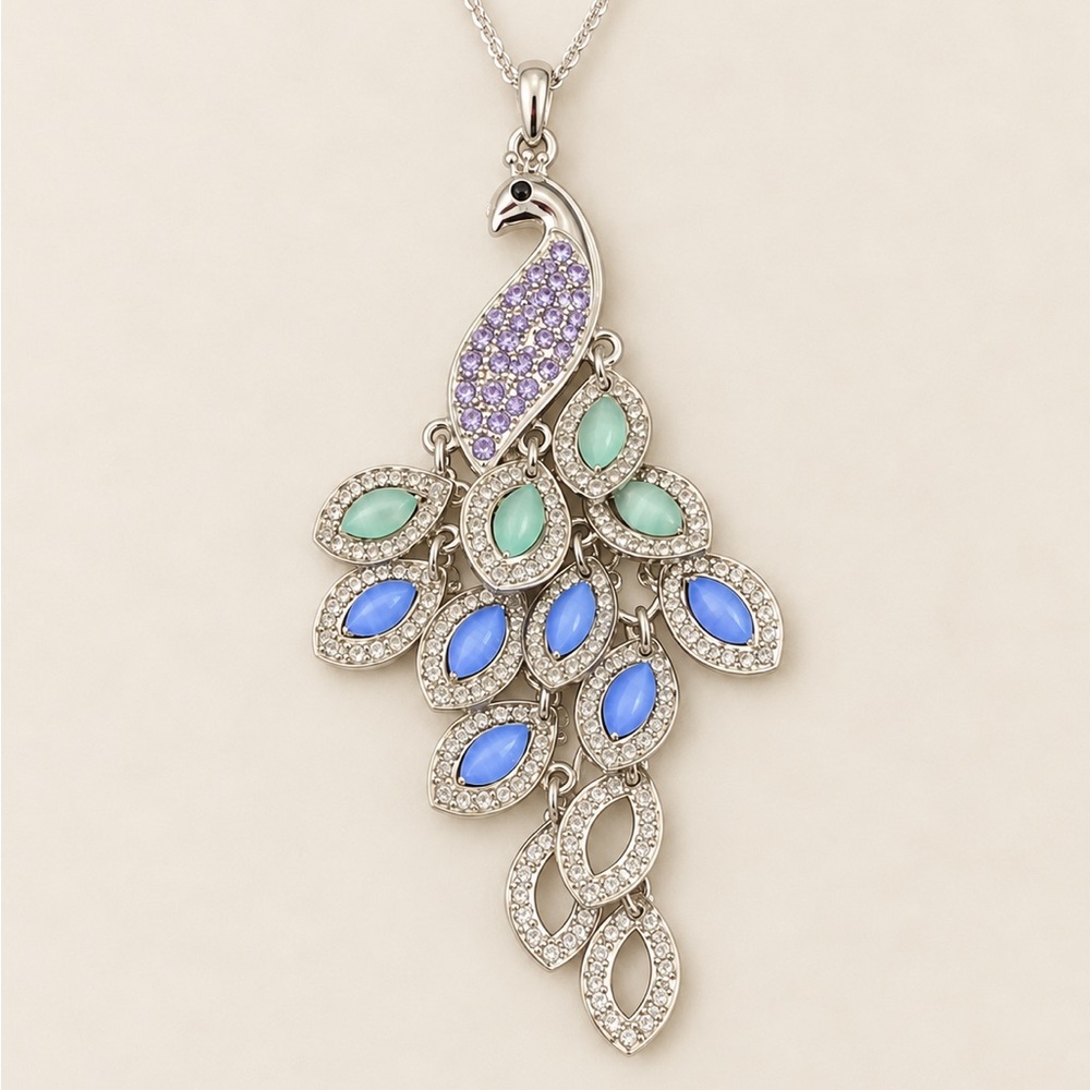 Elegant Silver and Blue Peacock Pendant Necklace 30 in long